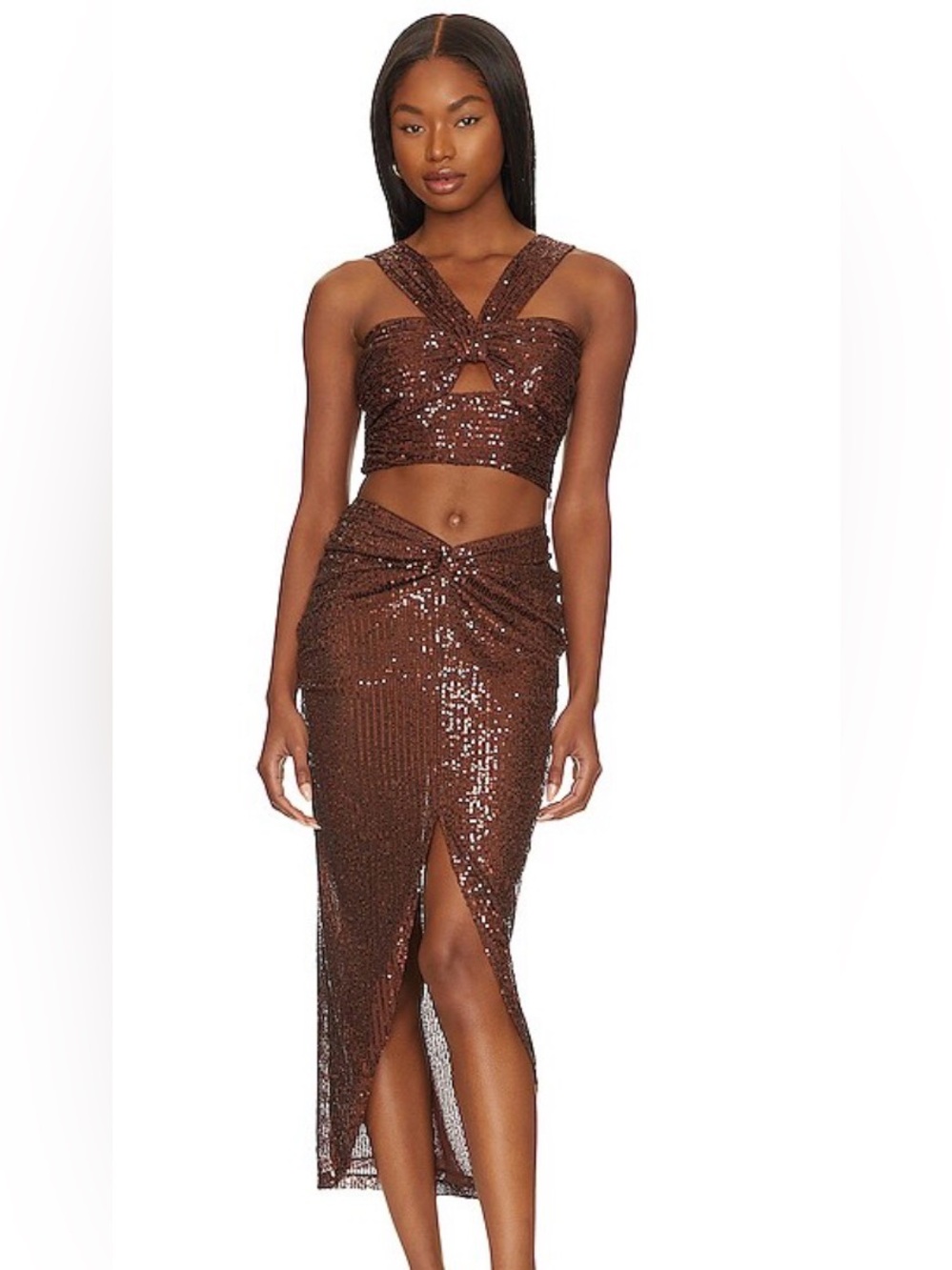 Revolve SAYLOR Iryna Top And Skirt Set Espresso Sparkle Sequin Medium Glam Y2K